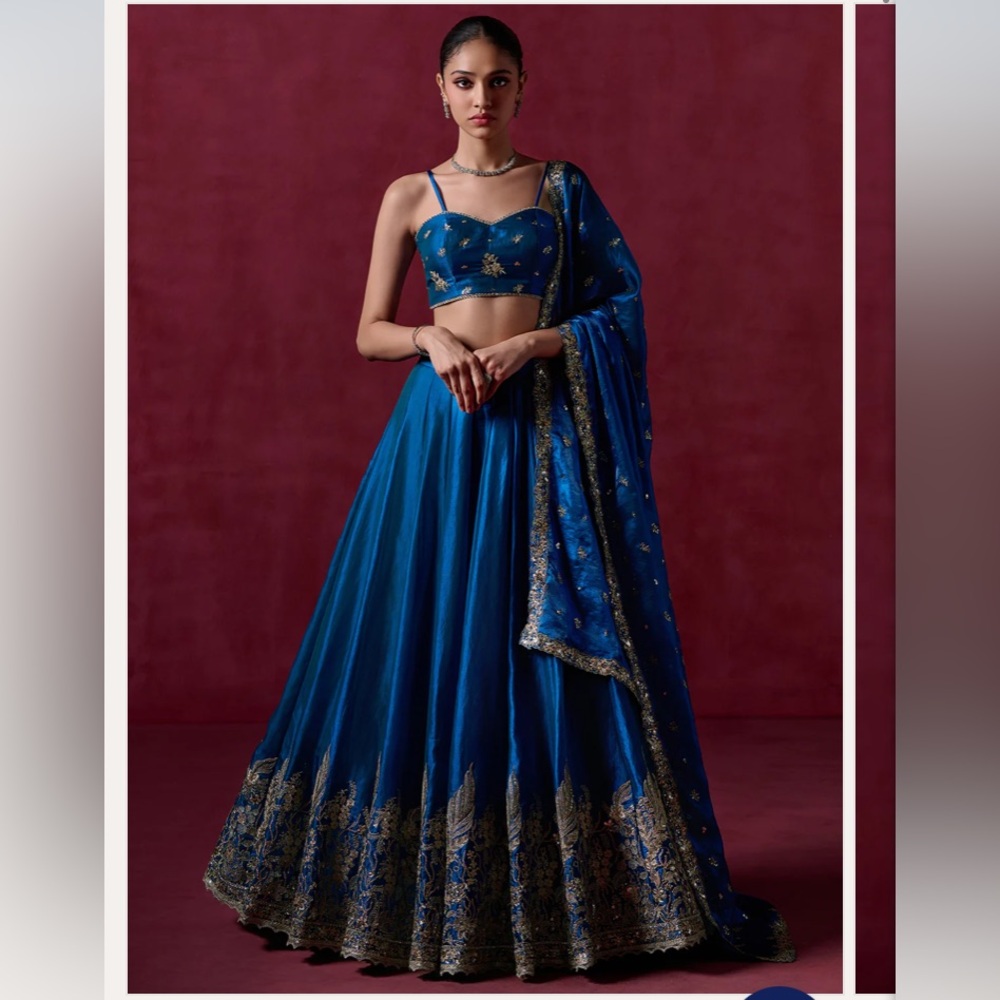 Lashkaraa Peacock Blue Embroidered Organza Lehenga
